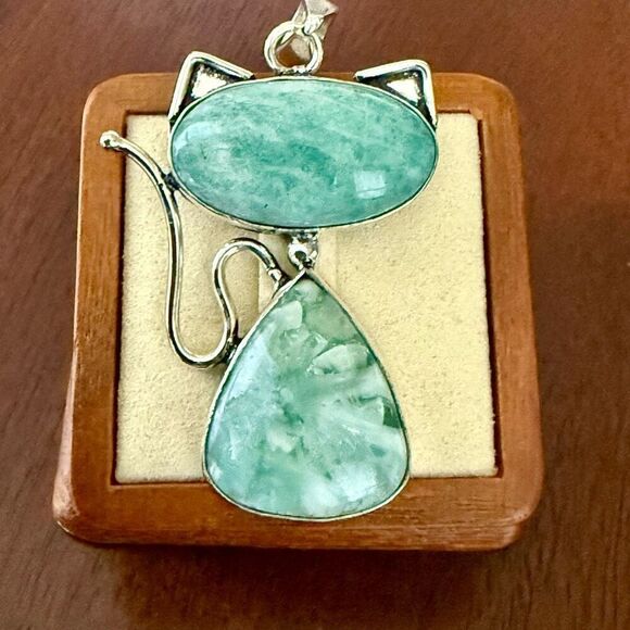 Larimar Amazonite Gemstone Cat Necklace Pendant Womens Casual Boho Jewelry New - Picture 1 of 5